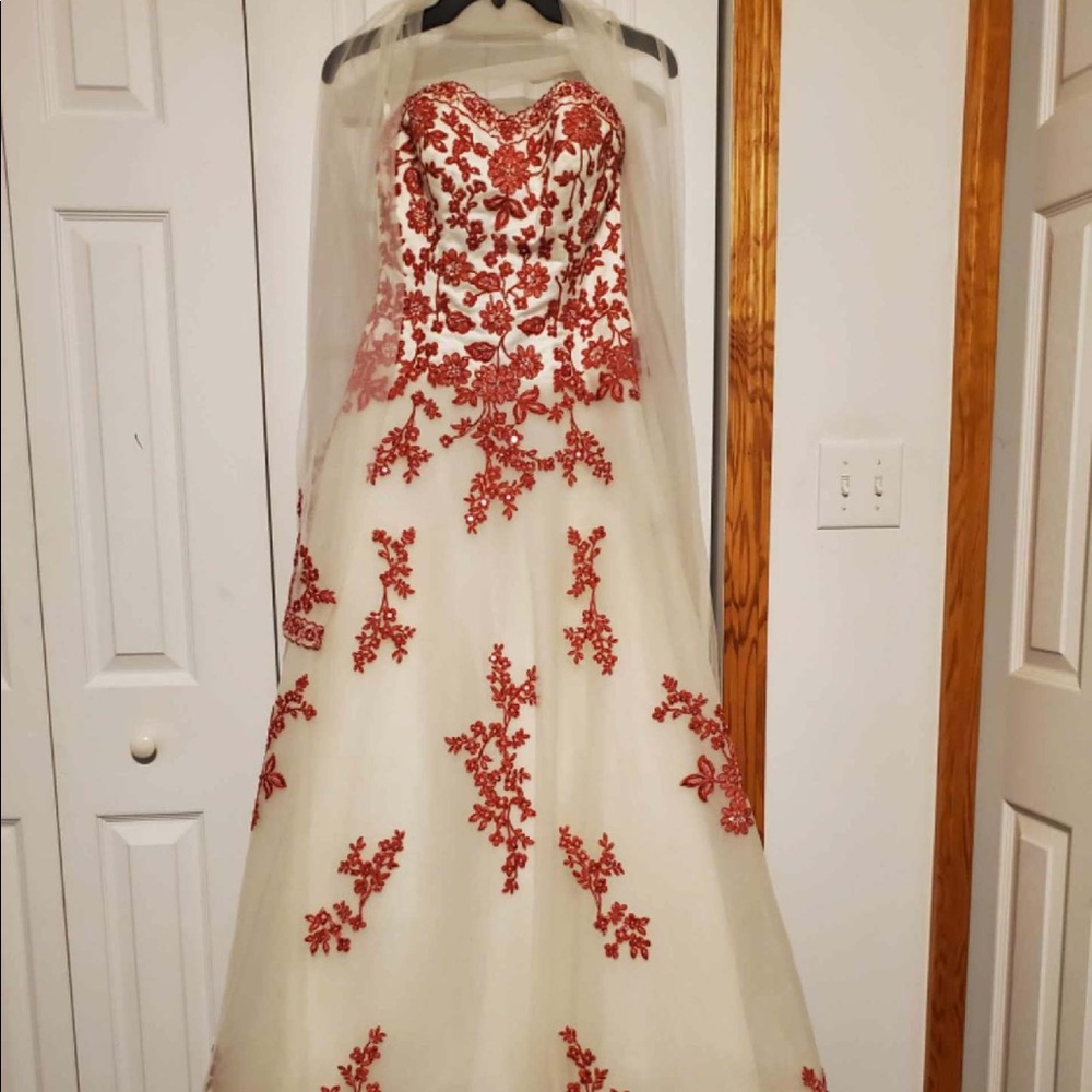 PROM DRESS-TIFFANY- red and white strapless formal gown with shawl, size 12